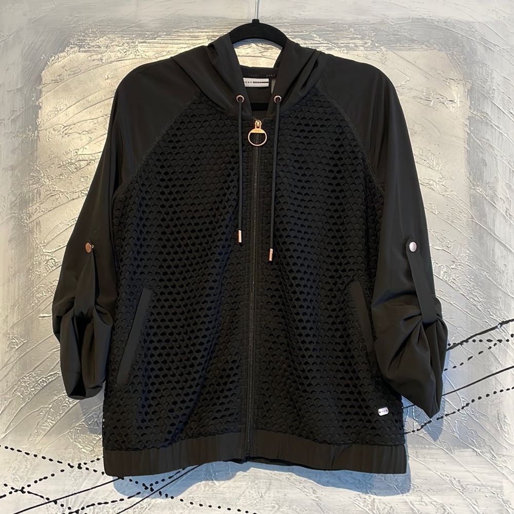 DKNY Mesh Overlay Hooded Zip Jacket Size M Black